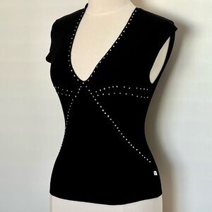Black silk blend ribbed knit top with rhinestones
